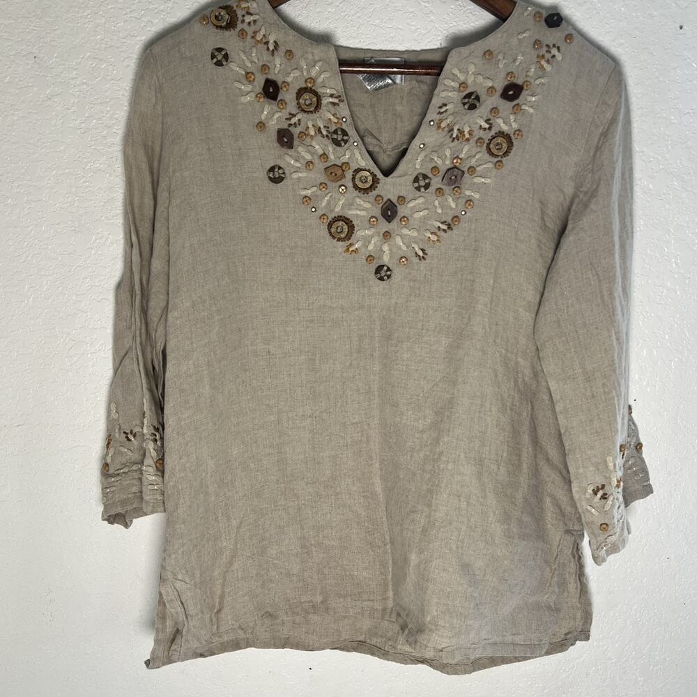 Chicos Embroidered 100% Linen Blend Short Sleeve Top Womens Sz 1 Beach Medium